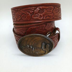 Vintage Hand Tooled Belt with Indiana Metal Craft Buckle 1977 Cactus Southwest